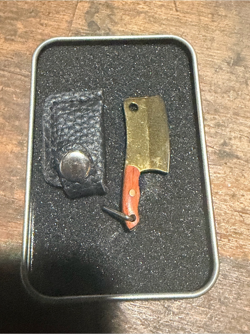 Mini Cleaver Keychain with Black Leather Belt Loop - Brass Blade & Brown Handle